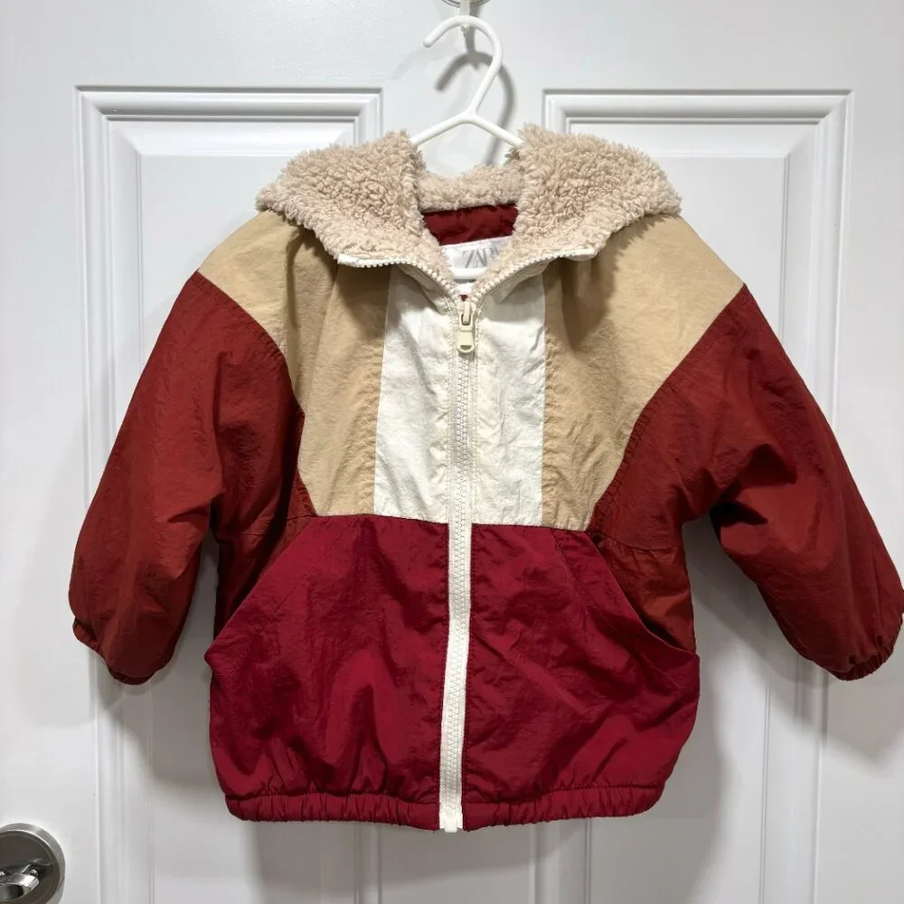 Zara Colorblock Hooded Jacket in White, Beige, Burgundy & Red